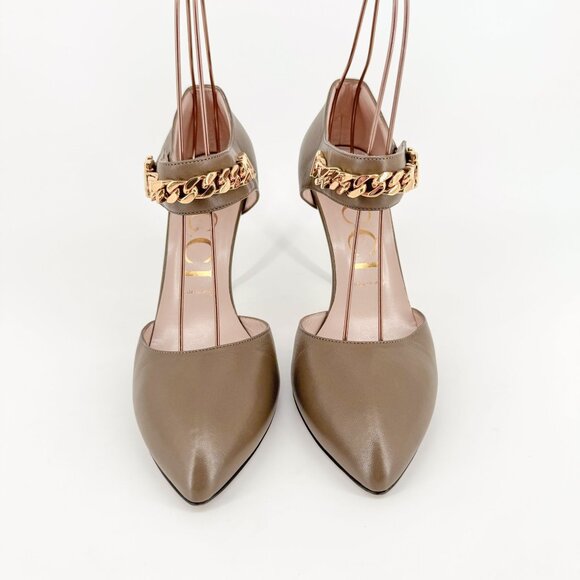 Gucci Sylvie Chain d'Orsay Pumps EU 40 US 10 Tan Leather High Heel Taupe Pointed - Picture 2 of 14